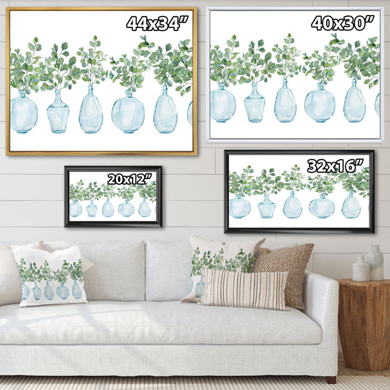 Plantes d'intérieur dans un vase en verre, branches d'eucalyptus II - peinture sur toile, Cadre flottant en érable