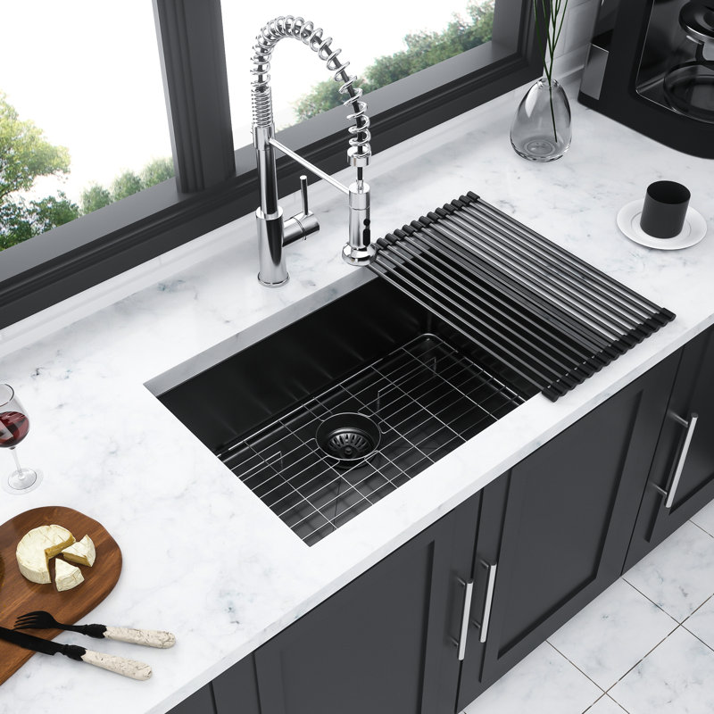 23" Gunmetal Black 16 Gauge T304 Nano Stainless Steel Kitchen Sink, Undermount, 10-Inch Deep, X-Shaped Water Guide, 3Mm Rubber Pad, With Drain Assembly And Drying Rack 23-Inch Sound Proof, Comes Dish