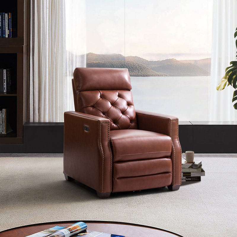 Gumesindo 31.50" Wide Genuine Leather Power Recliner, Brown Genuine Leather