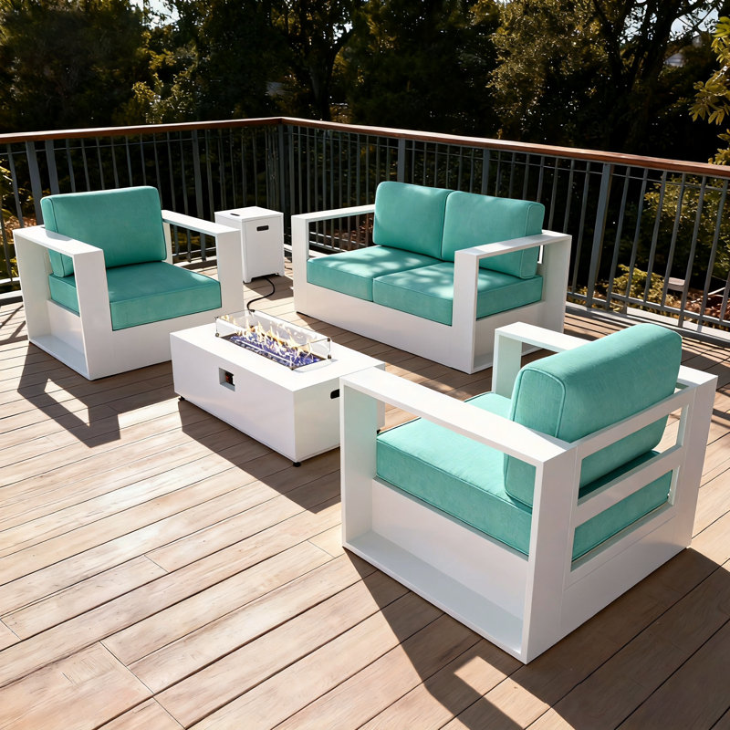 Modern Outdoor Aluminum 4-piece Conversation Set With Firepit Table, Teal Cushion/White Frame
