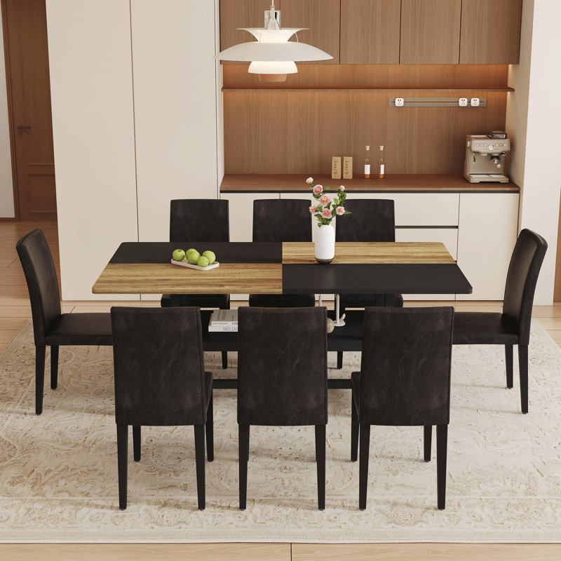 Ensemble de table de salle à manger rectangulaire pour 8 personnes, ensemble de table de salle à manger 71 po avec 8 chaises rembourrées et tablette de rangement, plateau de table en bois avec structure en métal