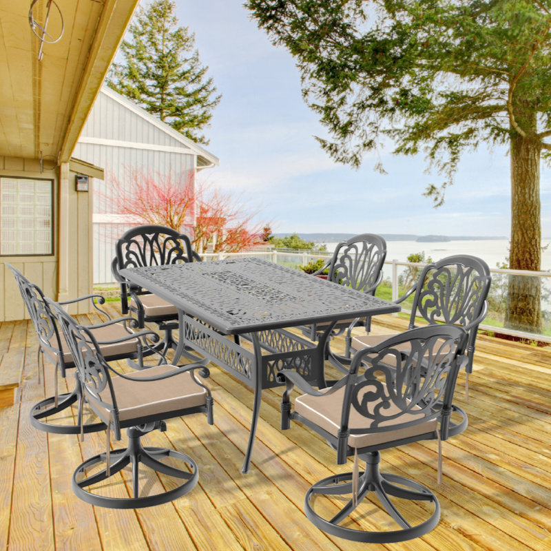 All-Weather Cast Aluminum Dining Set, Include Swivel Chairs And Rectangular Table With Black Frame, 6