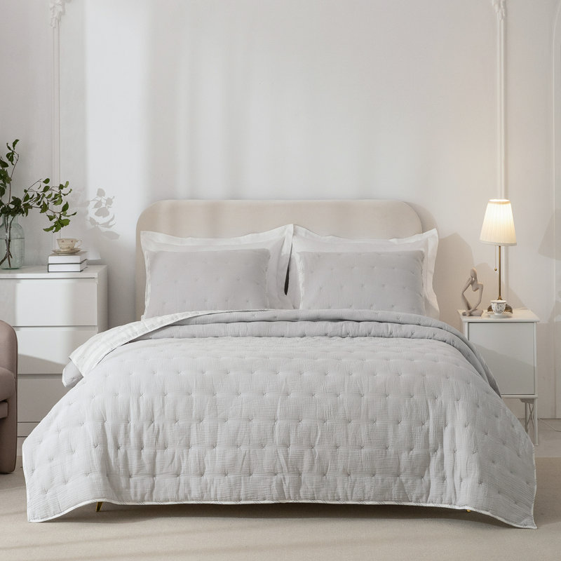 Wonderful All Season Cotton Gauze Quilt Set, Full/Queen Quilt + 2 Standard Shams, Light Grey
