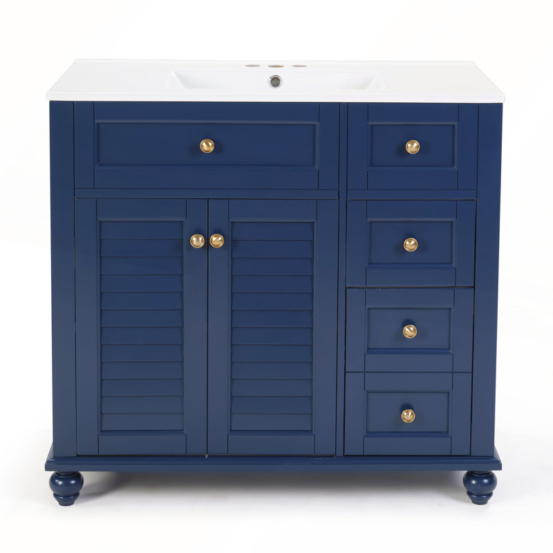 Meuble-lavabo bleu 36 po avec lavabo en céramique, tiroirs à fermeture en douceur et rangement multi-organisateur pour les salles de bain modernes