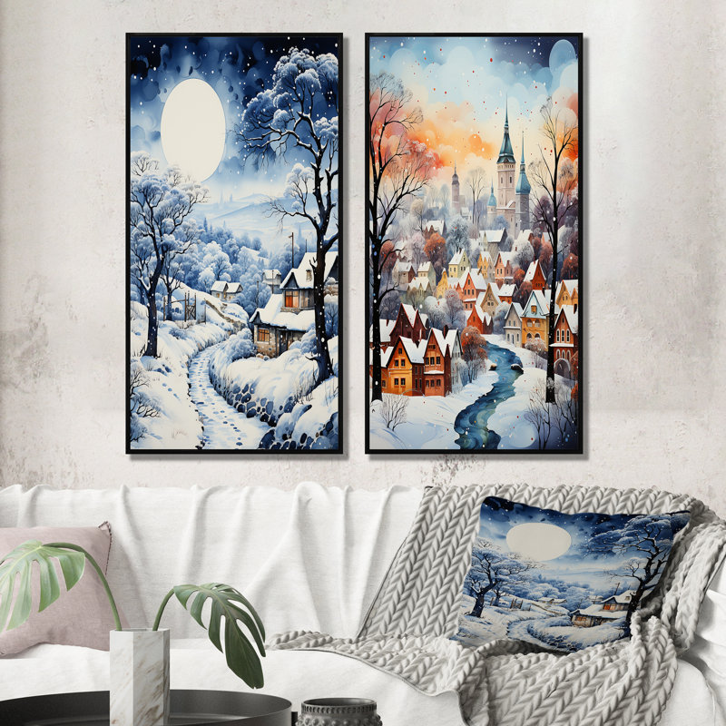 Harmony of Winter Village V - ensemble d'art mural de 2 - art mural imprimé de paysages pour le salon, Cadre noir