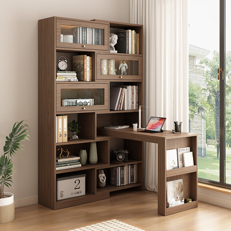 Solid Wood L-Shaped Retro-Style Extendable Bookcase-Desk Combo, Brown, 78.74" H x 47.24" W x 39.37" D