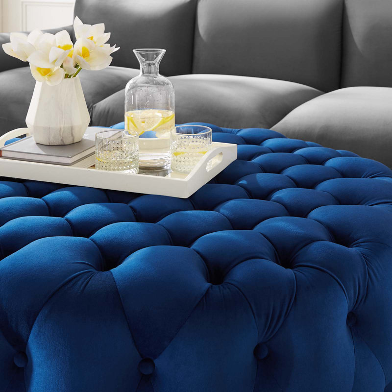 Luxurious Navy Velvet Tufted Large Round Ottoman