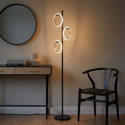 Saturn 66 in. Modern LED Floor Lamp with 3 Ring Lights, Black Finish, and Built-In 3-Way Touch Dimming