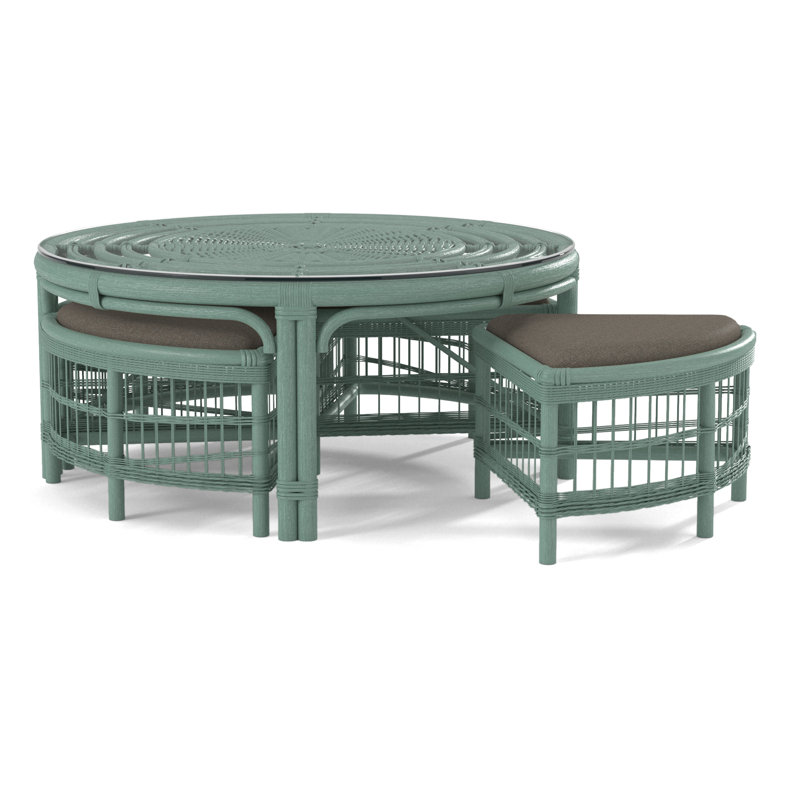 Raffles Rattan Cocktail Table with Benches, Antique Frost White, Gray Sugar Performance; 0863-84
