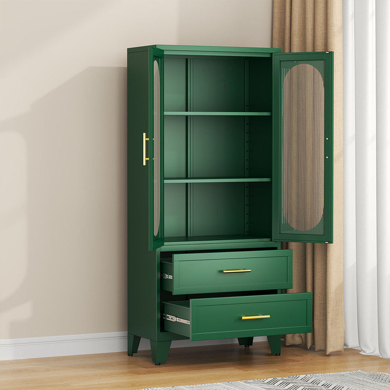 Armoire de cuisine Winston Porter Stoarge en métal avec 4 portes et tiroirs en verre acrylique, Vert