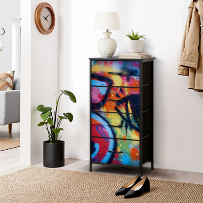 Commode pour commode de chambre à coucher Commode pour graffiti Gros plan coloré graffiti coloré photos murales en brique Commodes et commodes de rangement Organisateur de placard en tissu et bacs de rangement avec 4 tiroirs