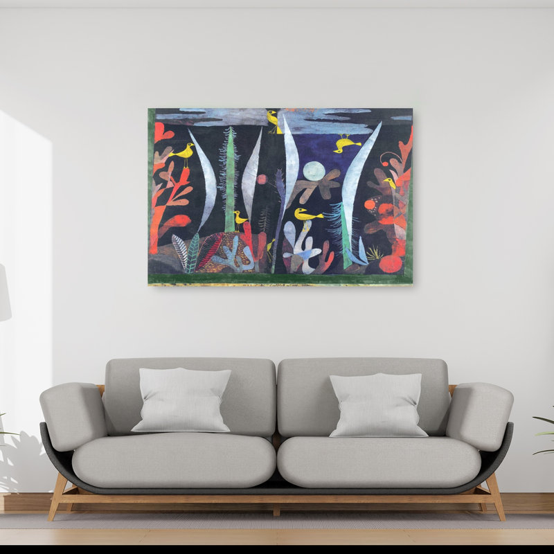 Landscape With Yellow Birds Abstract Classic Geometric Bird Landscape Spring Wall Art Print by Paul Klee - Wrapped Canvas Print