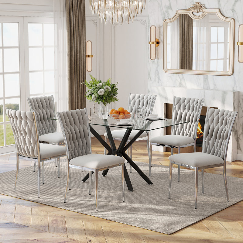 Table de salle à manger rectangulaire 47,24 "en verre trempé transparent avec chaises en velours 4/6, pieds en métal, moderne pour la cuisine, la salle à manger, le salon