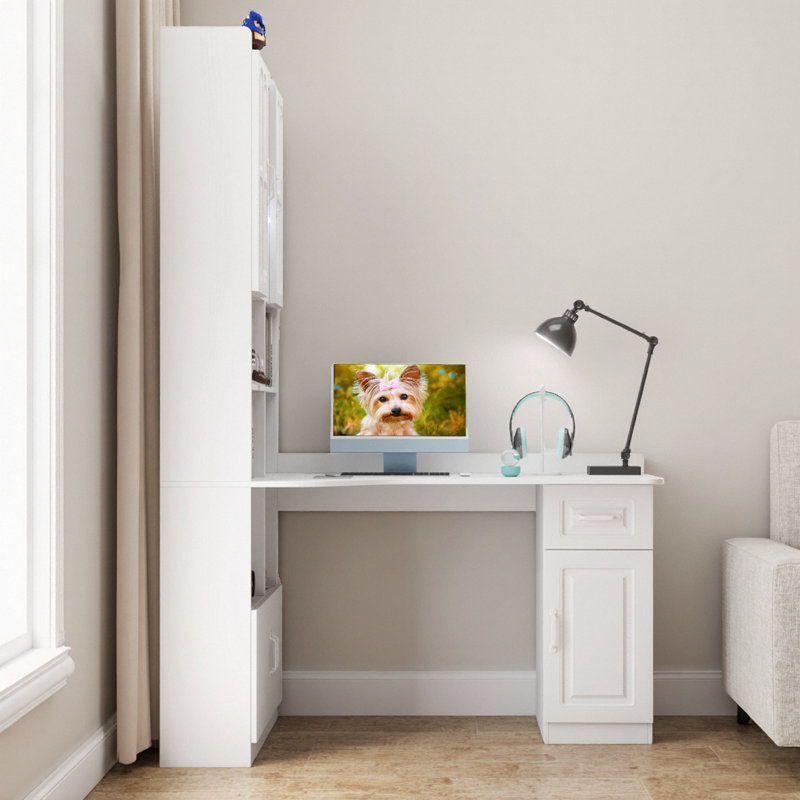 55" L-Desk + Hutch – 4 Cabinets, Drawer, Open Shelves, 77" Height, 2-in-1 Corner Design, 132 lb, Home-Office Command Center