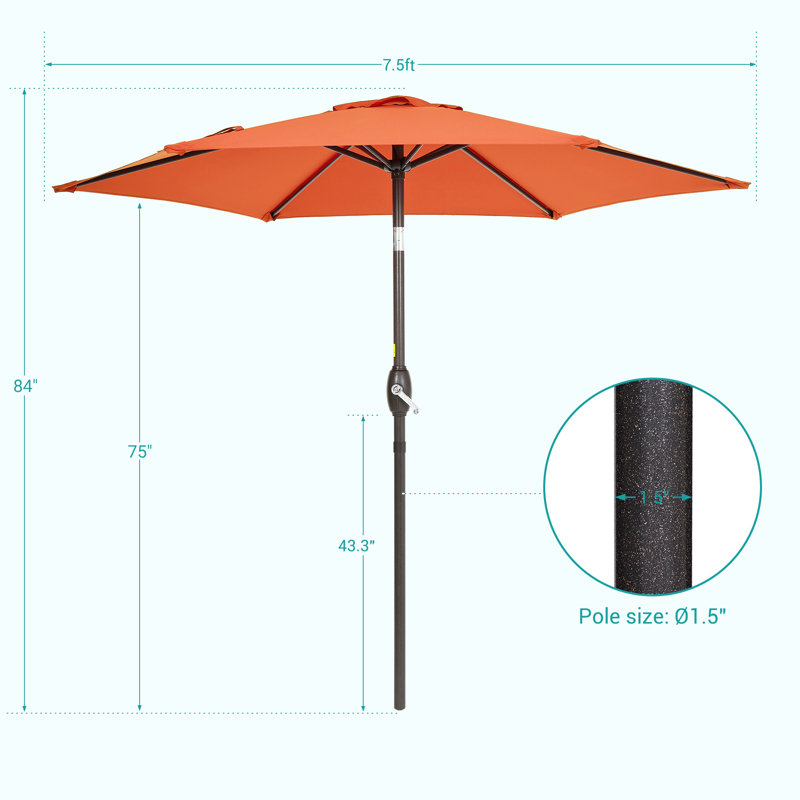 Parasol de table de marché de 7,5 pi, auvent résistant aux rayons UV et bouton inclinable, Orange