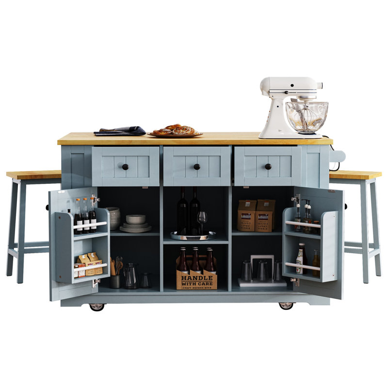 53inch Large Kitchen Island with 2 Bar Stools,Power Outlet,Door Internal Storage Rack,Kitchen Storage Cart on 5 Wheels with Drop Leaf,5 Open Side Racks,3 Drawers