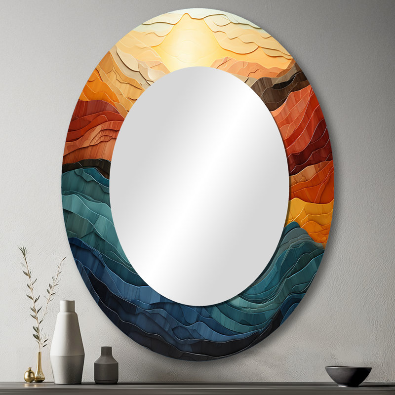 Corail bleu sarcelle audacieux paysage de montagnes - Paysages ovales miroir décoratif sur métal, 43 po x 33 po