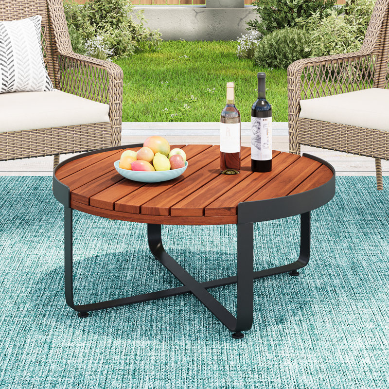 Table basse d'extérieur en bois avec structure en métal thermolaqué, ton, 30,81 po de dimensions, table industrielle moderne à installation complémentaire, 24,42 lb, profondeur, 13,85 po de hauteur, décor