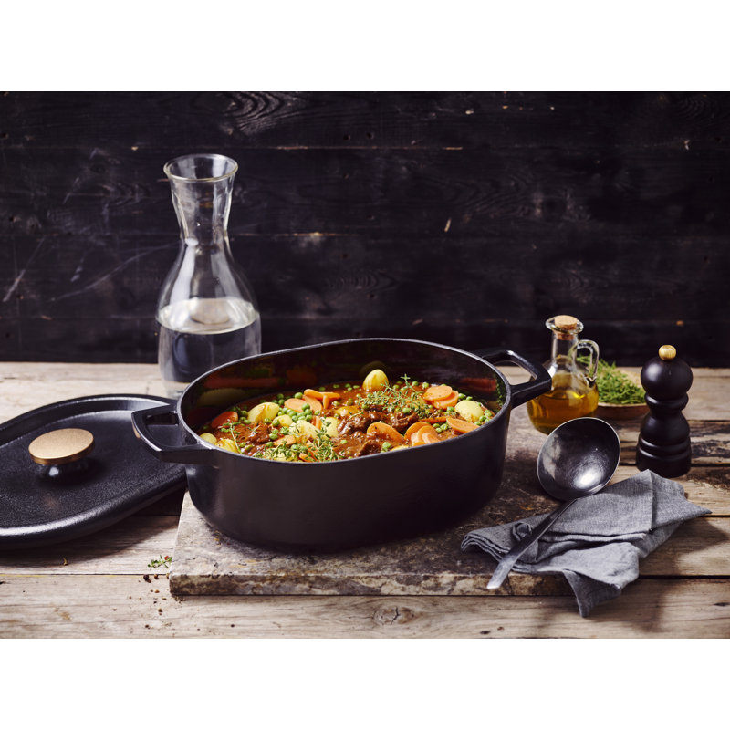 Alva Nori Black Enameled Cast Iron Oval Dutch Oven with Bronze Knob