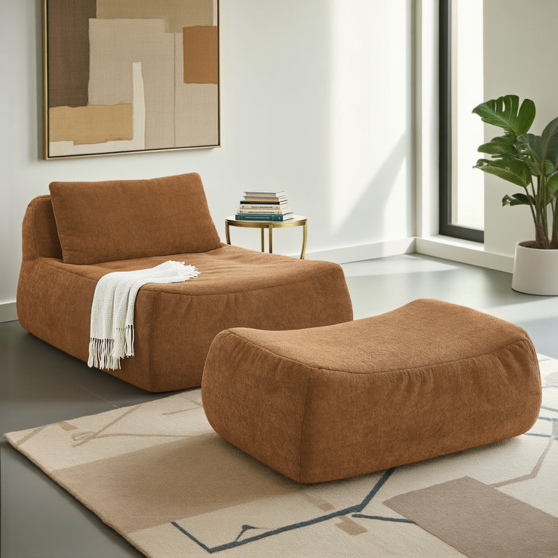 Canapé-lit moderne en chenille confortable avec coussin et repose-pieds, Orange