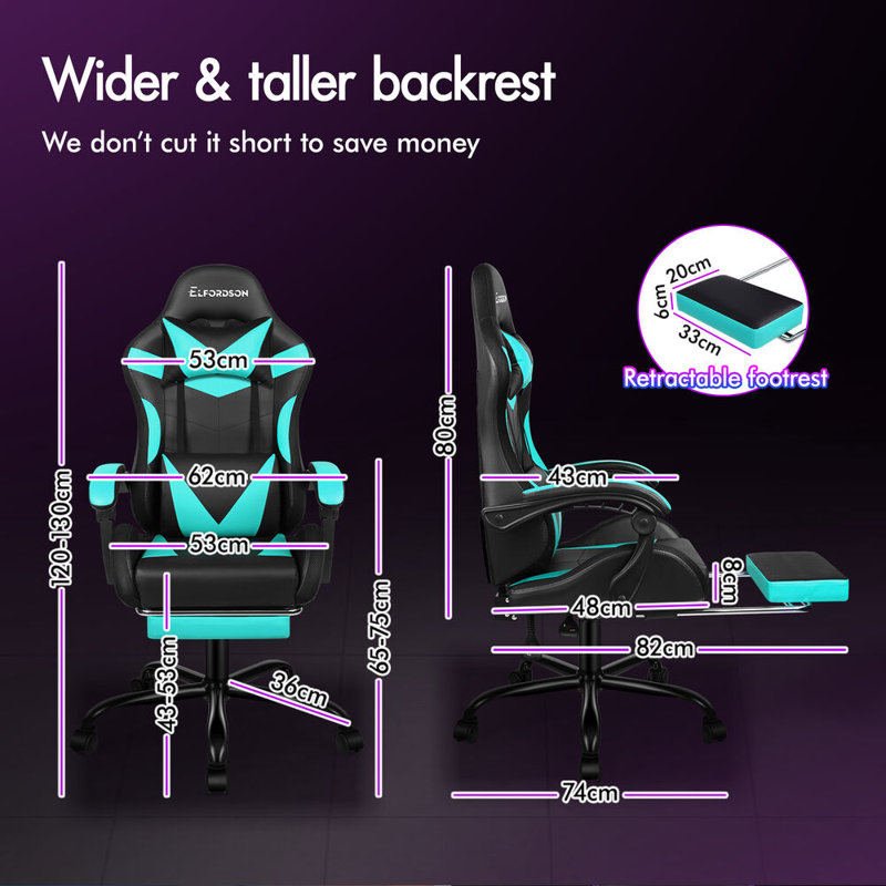 ELFORDSON Adjustable Reclining Swiveling PC & Racing Game Chair with Footrest, Cyan