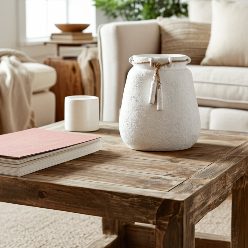 Vase with Pottery Woven Ecomix and Jute Construction - Handcrafted Modern Decorative Accent Piece with Natural Artisanal Style for Contemporary and Rustic Interiors.