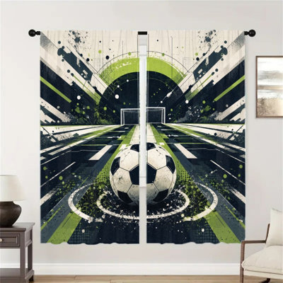 2Pcs Soccer Field Print Curtains, Abstract Geometric Sport Pattern Light Filtering Curtain For Living Room Bedroom Kitchen Window Drapes, World Cup Soccer Decor, Soccer Themed Home