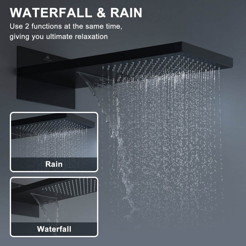 Rainier 4-Function 20 Inch Wall Mounted Rectangular Rainfall Thermostatic Shower System With 6 Body Jets, Matte Black