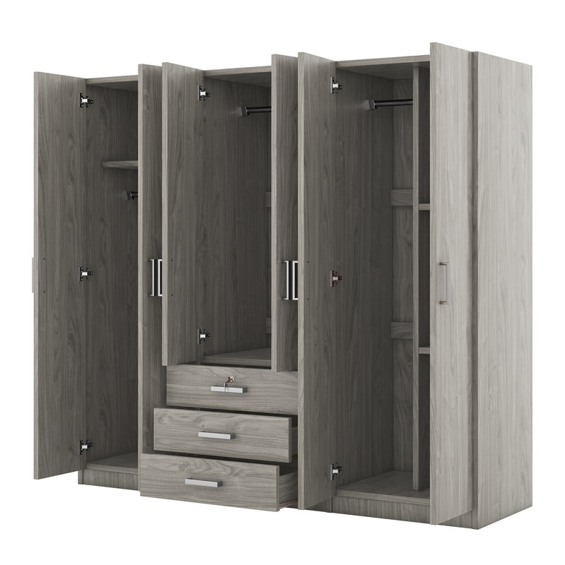 Armoire-penderie 6 portes en bois pour chambre à coucher, avec grands tiroirs, gris, Gris