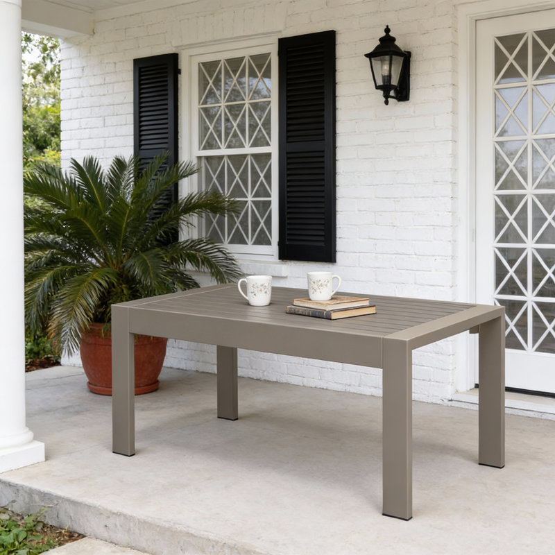 43" Modern All-Weather Outdoor Coffee Table, Heavy-Duty Metal Frame Wood-Look Patio Table, Khaki