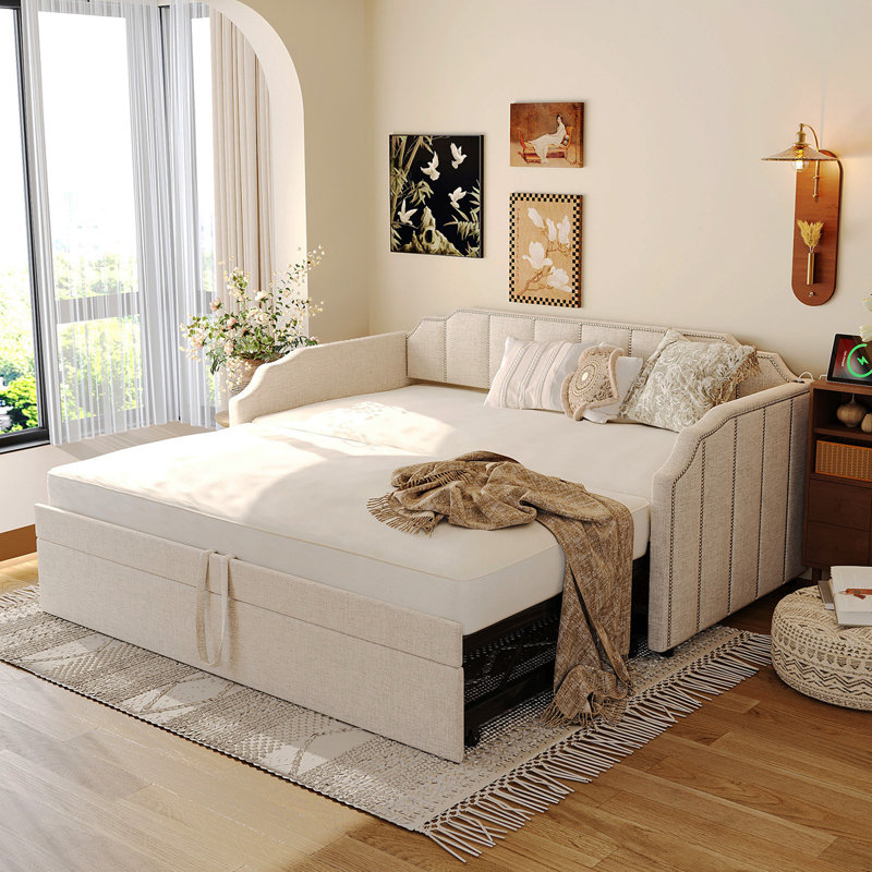 Lit de jour rembourré Vickey avec couchette escamotable et ports de chargement USB, beige, Beige