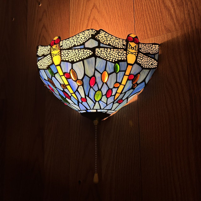 Simonson Tiffany Wall Sconces Blue Stained Glass Dragonfly Half Moon LED Bulb Included 12"W*6"D*7"H, Yellow/Dark Blue/Red