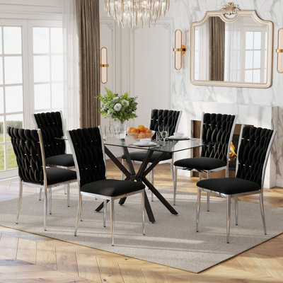 Table de salle à manger rectangulaire 47,24 "en verre trempé transparent avec chaises en velours 4/6, pieds en métal, moderne pour la cuisine, la salle à manger, le salon