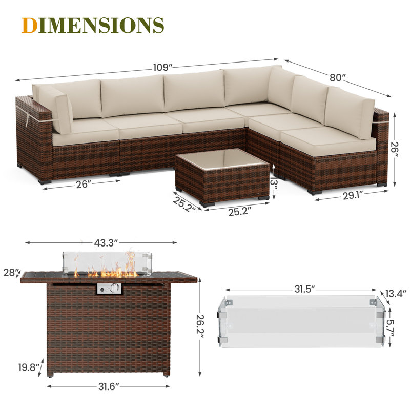 Ensemble de conversation modulaire en rotin 8 pièces avec coussins et table foyer, Crème, crème