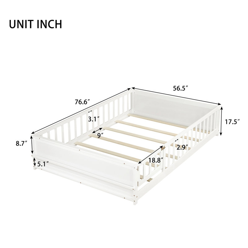 Lit double avec plancher en bois, barrières de sécurité, porte et étagère à livres intégrée, Blanc