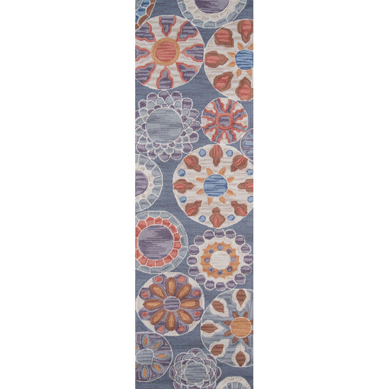 Tapis bleu crocheté à la main Gingras, Tapis de couloir 2 pi 3 po x 7 pi 6 po