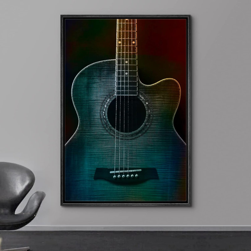 Guitare Painterly sur fond noir magnifique guitare acoustique, Cadre flottant noir, H 24 po x l 16 po