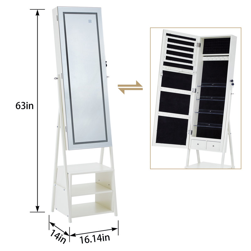 Armoire à bijoux avec miroir à DEL et armoire à bijoux verrouillable sur pied avec 2 tablettes et miroir à DEL