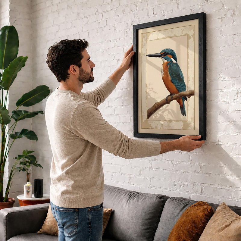 Kingfisher on Branch Botanical - Framed Print, A4 - 29.7 x 21.0 cm, White