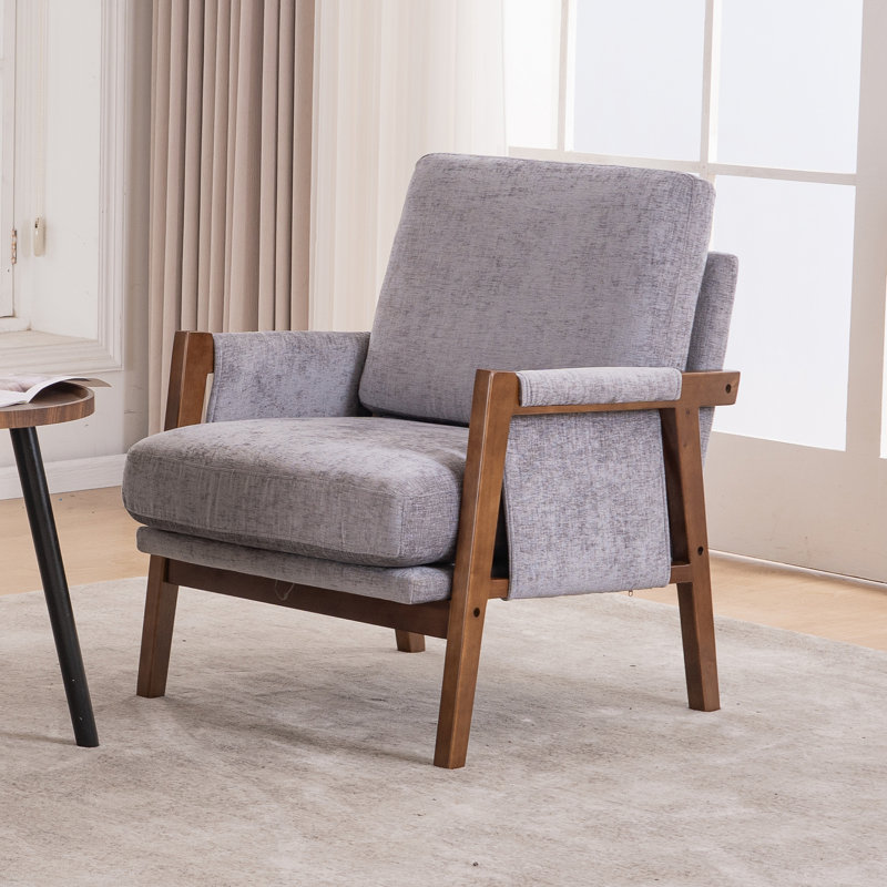 Quinze Mid Century Modern Upholstered Chenille Solid Wood Accent Armchair, Gray