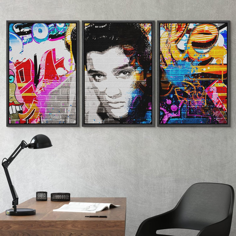 Portrait urbain à contraste élevé Elvis Graffiti et art de la rue Pop Art coloré 3 pièces, H 24 po x l 48 po x P 1,5 po
