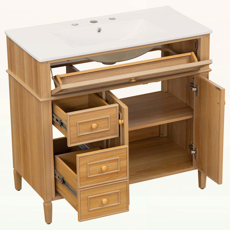 Bathroom Vanity With Sink,Flip-Out Drawer,And Elegant Wood Handles