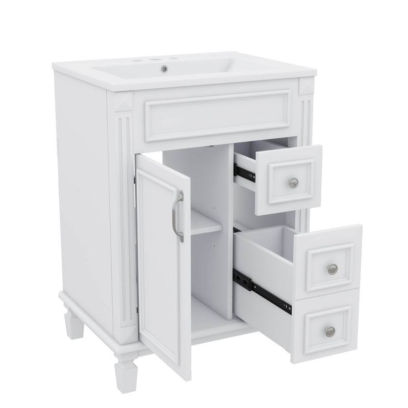 Meuble-lavabo 24 po avec lavabo en céramique, petite armoire avec 2 tiroirs et tablette réglable, Blanc