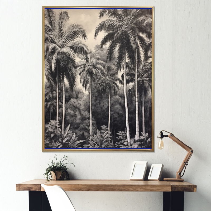 «Black and White Palm Paradise I», reproduction sur toile, H 32 po x l 16 po x P 1 po, Cadre flottant doré