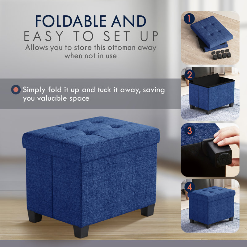 Collapsible Rectangle Small Storage Ottoman with Legs - 12" x 16" x 12", Navy Blue