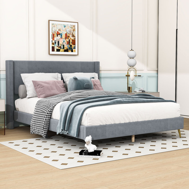 Lit plateforme en velours côtelé avec pieds en métal Elraine, gris