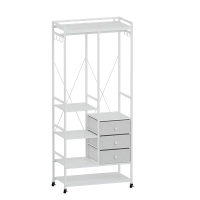 Freestanding Clothes Rail with 3 Drawers & 12 Hooks, Mobile Open Wardrobe, White Garment Rack80cm