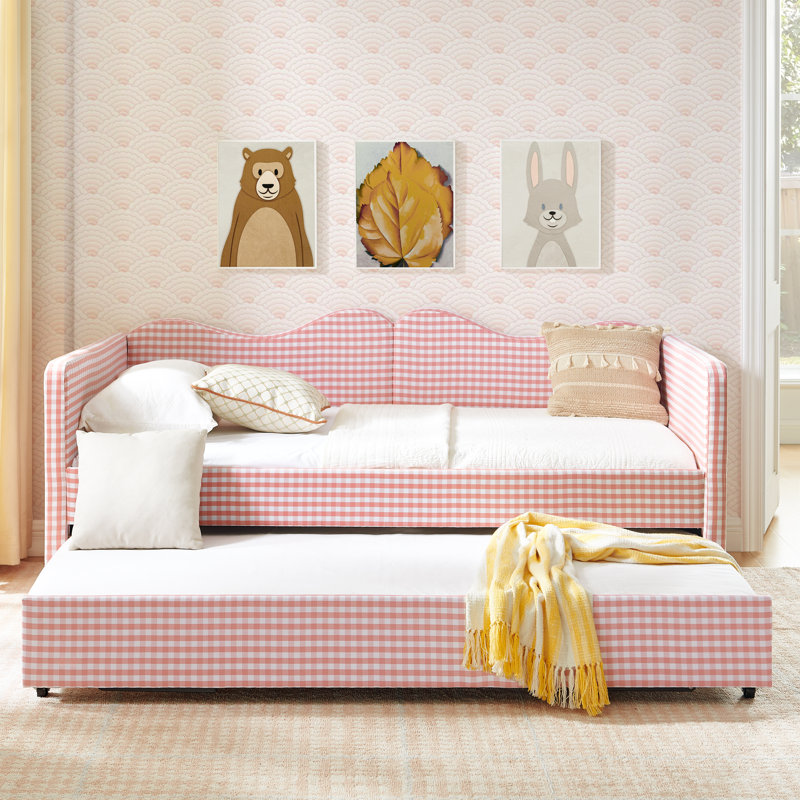 Lit de jour simple, lit de jour rembourré en vichy équipé d'un cadre de lit gigogne escamotable et d'une poche de rangement latérale, canapé-lit multifonctionnel en bois massif pour chambre d'enfant et chambre d'amis - Rose