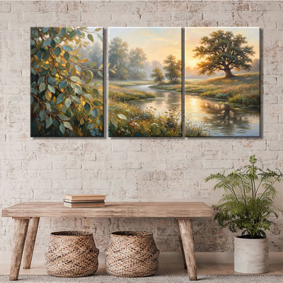 Vintage Sunrise River Oak Tree Landscape - Premium Gallery Wrapped Canvas - Ready To Hang (Set of 3)