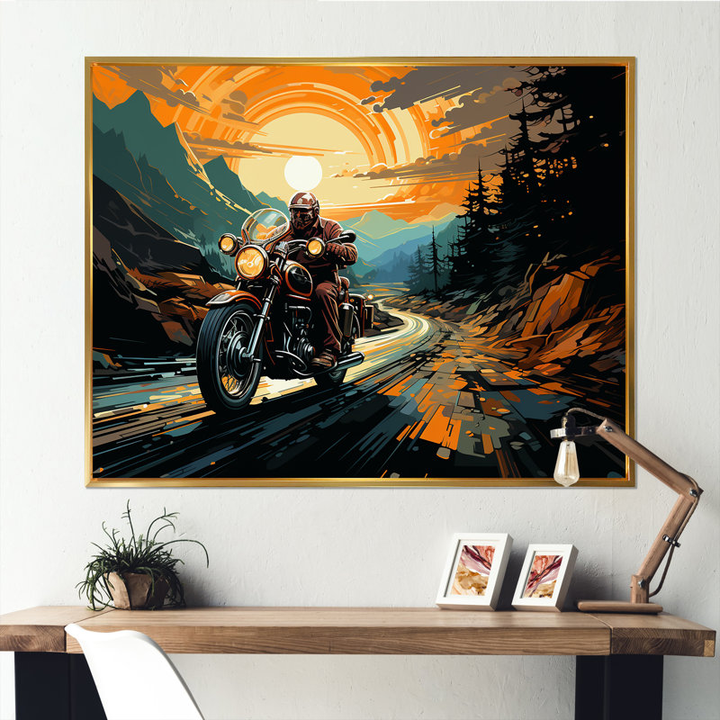 Expressionniste à moto, art mural sur toile, H 24 po x l 32 po x P 1 po, Cadre flottant doré